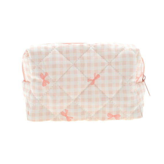 Unique Bargains 1 Pc Plaid Bow Makeup Bag for Travel Vacation Polyester Pink