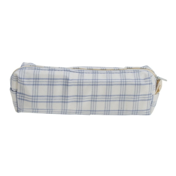Unique Bargains 1 Pc Plaid Retro Style Drawstring Makeup Bag for Vacation White Blue Cotton