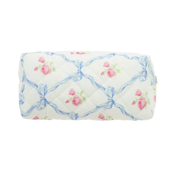Unique Bargains 1 Pc Portable Bow Floral Makeup Bag Blue Cotton Fabric