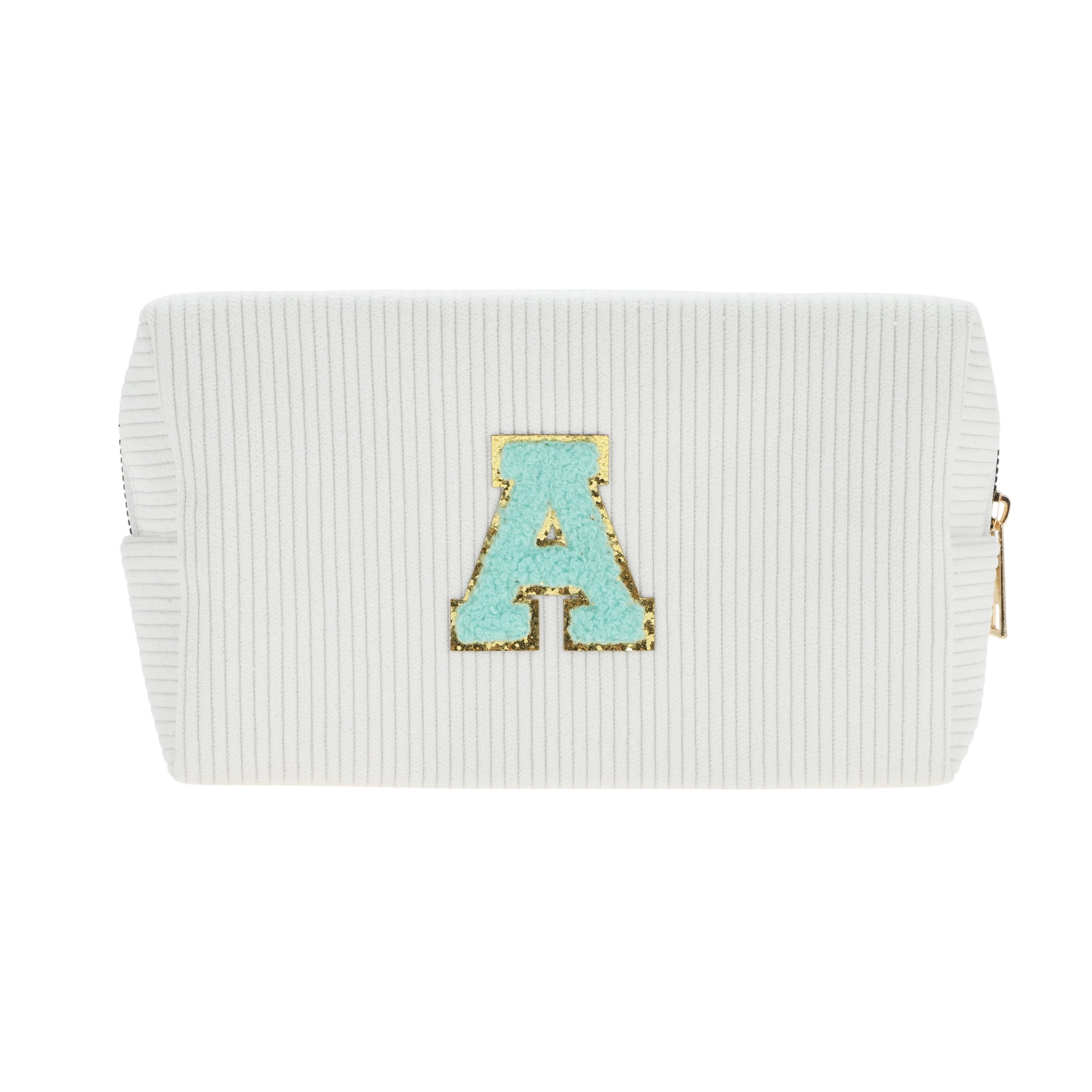 Unique Bargains 1 Pc Portable Corduroy Rectangular Letter Makeup Bag White [Letter A]