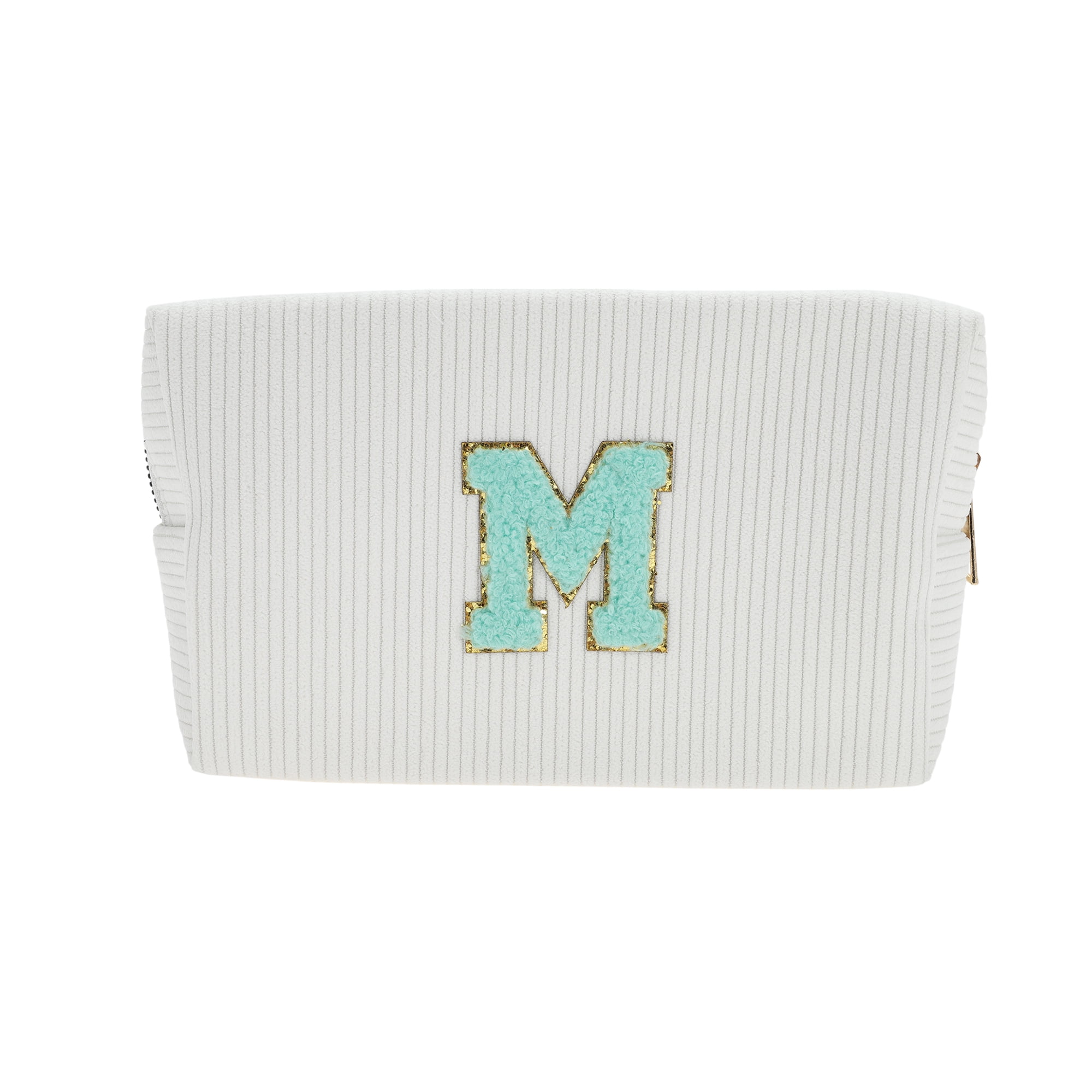 Unique Bargains 1 Pc Portable Corduroy Rectangular Letter Makeup Bag White [Letter M]