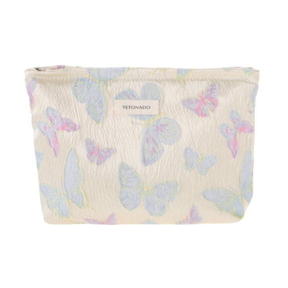 Unique Bargains 1 Pc Portable Embossment Butterfly Makeup Bag Polyester Beige Blue Large