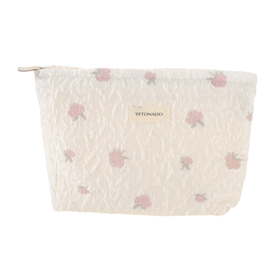 Unique Bargains 1 Pc Portable Embroidery Rose Makeup Bag Polyester Beige Large