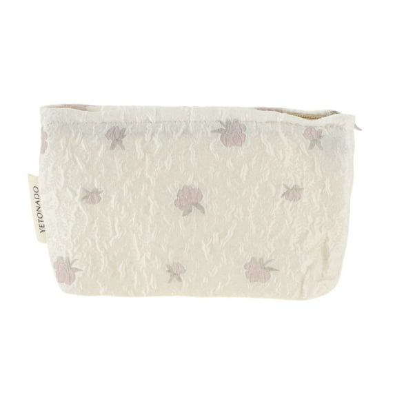 Unique Bargains 1 Pc Portable Embroidery Rose Makeup Bag Polyester Beige Medium