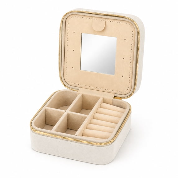 Unique Bargains 1 Pc Portable Zipper Design Jewelry Case Organizer with Mirror Beige
