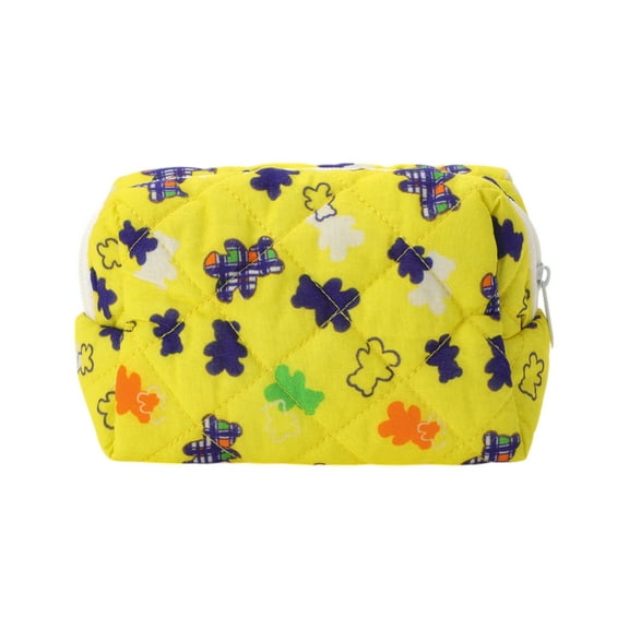 Unique Bargains 1 Pc Quilted Square Flowers Makeup Bag Yellow Polyester