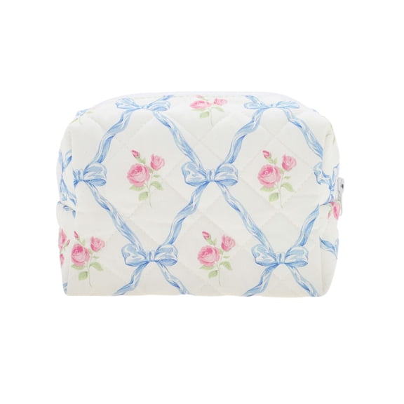Unique Bargains 1 Pc Rectangle Bow Makeup Bag Blue Cotton Fabric