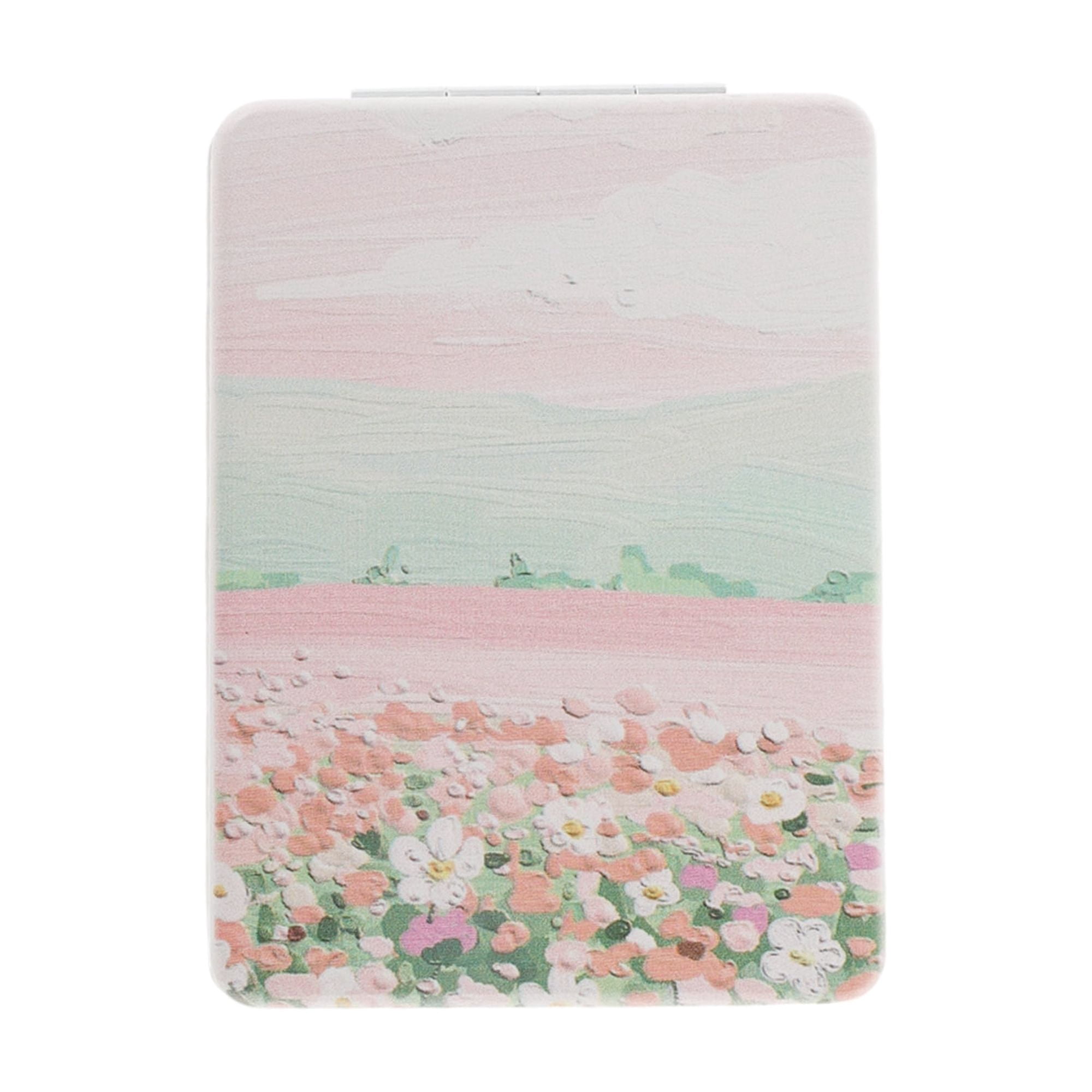 Unique Bargains 1 Pc Rectangular Hand-drawn Makeup Mirror for Travel Vacation Green Pink