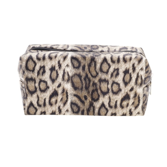Unique Bargains 1 Pc Rectangular Leopard Makeup Bag Beige Coffee Color PU