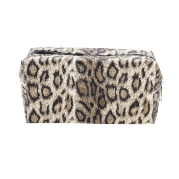 Unique Bargains 1 Pc Rectangular Leopard Makeup Bag Beige Coffee Color PU