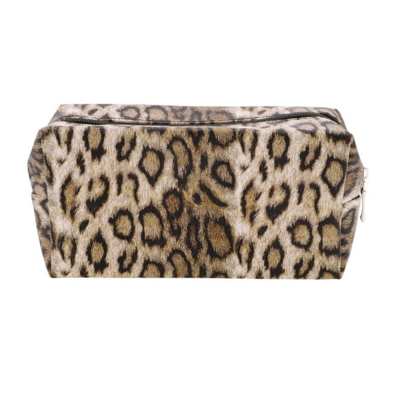 Unique Bargains 1 Pc Rectangular Leopard Makeup Bag Dark Coffee Color PU