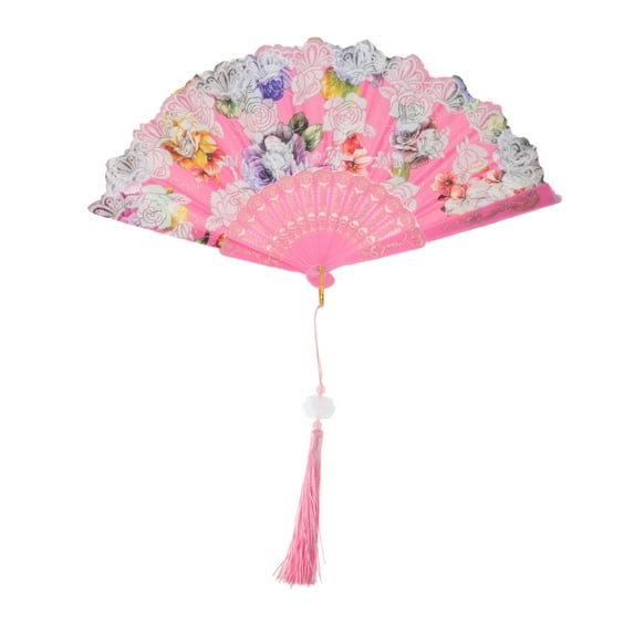 Unique Bargains 1 Pc Rose Print with Tassel Folding Fan for Masquerade Pink Silk Fabric