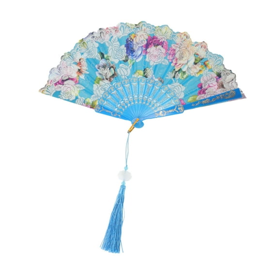 Unique Bargains 1 Pc Rose Print with Tassel Folding Fan for Masquerade Sky Blue Silk Fabric