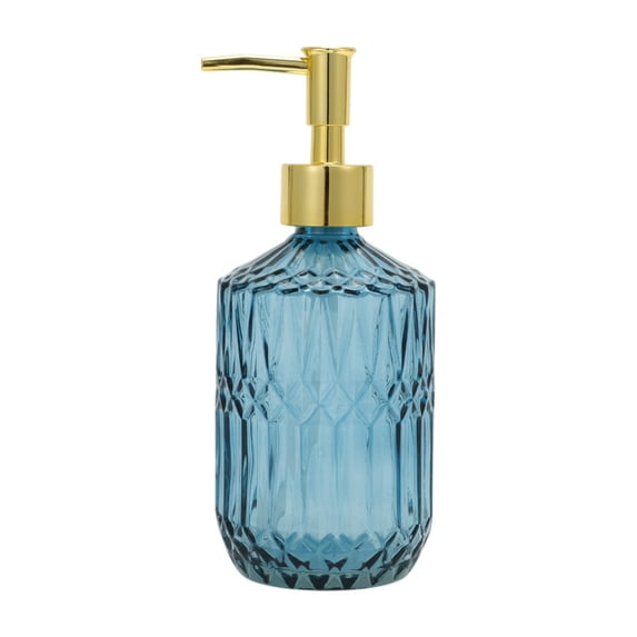 Unique Bargains 1 Pc Round Bottom Bamboo Grain Soap Dispenser 13.53oz Blue Gold Tone