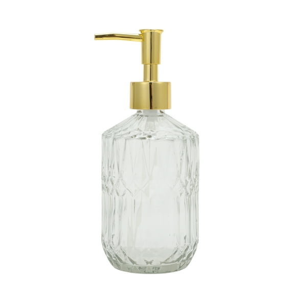 Unique Bargains 1 Pc Round Bottom Bamboo Grain Soap Dispenser 13.53oz Clear Gold Tone
