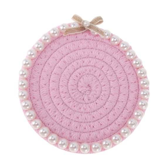 Unique Bargains 1 Pc Round Pearl Heat Insulation Mat Drink Coaster Pink Cotton rope