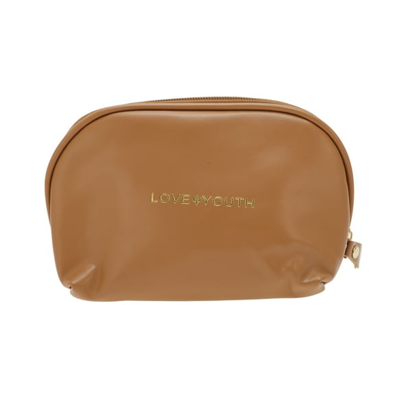 Unique Bargains 1 Pc Semicircular Drawstring Makeup Bag for Vacation Business Travel PU Brown