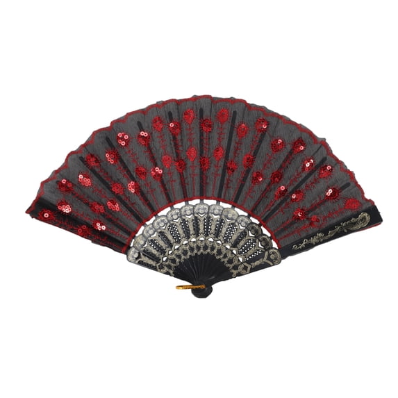 Unique Bargains 1 Pc Sequins Folding Fan for Masquerade Red Cotton Linen
