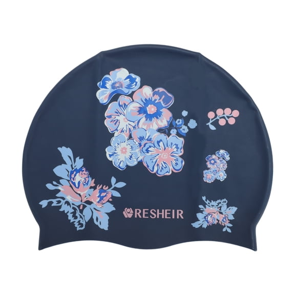 Unique Bargains 1 Pc Silicone Waterproof Flower Print Swim Cap Blue