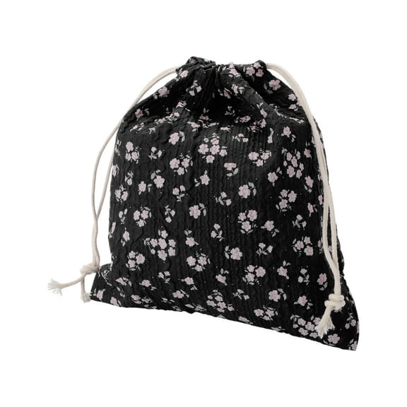 Unique Bargains 1 Pc Small Pink Flowers Drawstring Makeup Bag for Travel Black Polyester