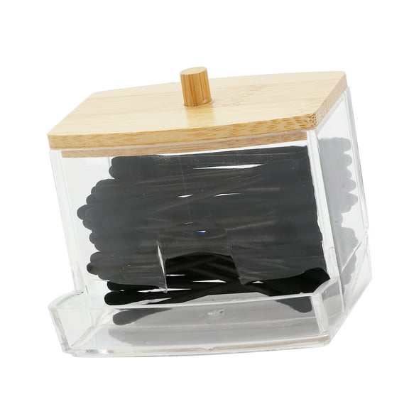Unique Bargains 1 Pc Square Cylindrical Cover Acrylic Bamboo Wood Cotton Swab Jar Clear Wood Color