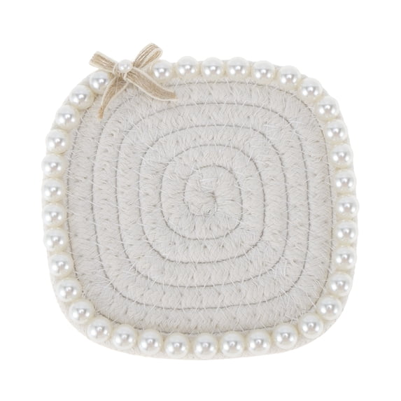 Unique Bargains 1 Pc Square Pearl Heat Insulation Mat Drink Coaster Beige Cotton rope