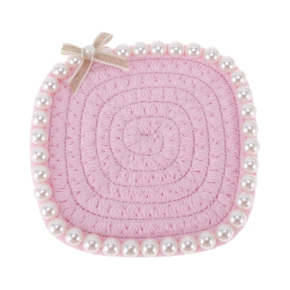Unique Bargains 1 Pc Square Pearl Heat Insulation Mat Drink Coaster Pink Cotton rope
