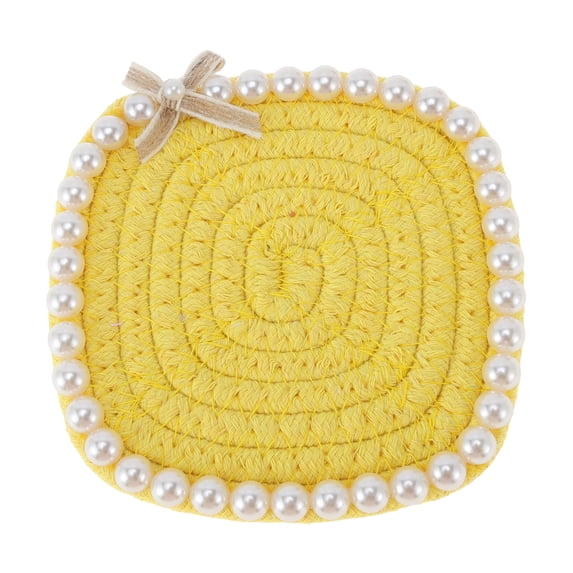 Unique Bargains 1 Pc Square Pearl Heat Insulation Mat Drink Coaster Yellow Cotton rope