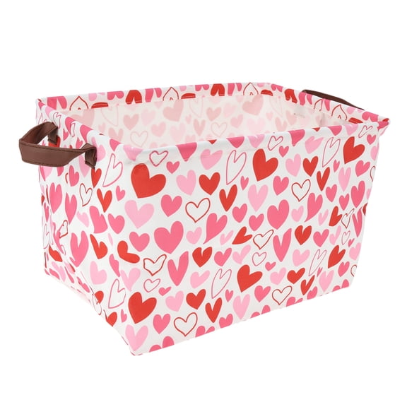 Unique Bargains 1 Pc Storage Basket with Handles Heart Print Gift Basket 14.9"x10.2"x8.6" Pink Red White