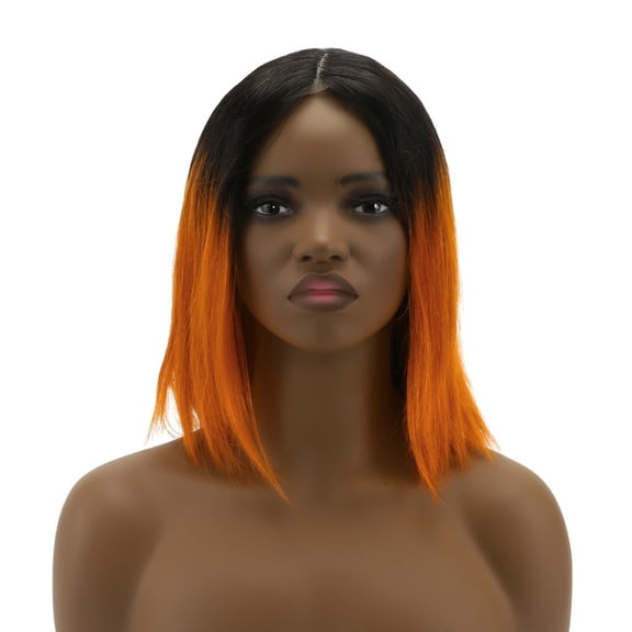 Unique Bargains 1 Pc Straight Long Hair Hair Wig Real Human Hair 12in 4x4x1in 180 Human Wig Orange Black for Women