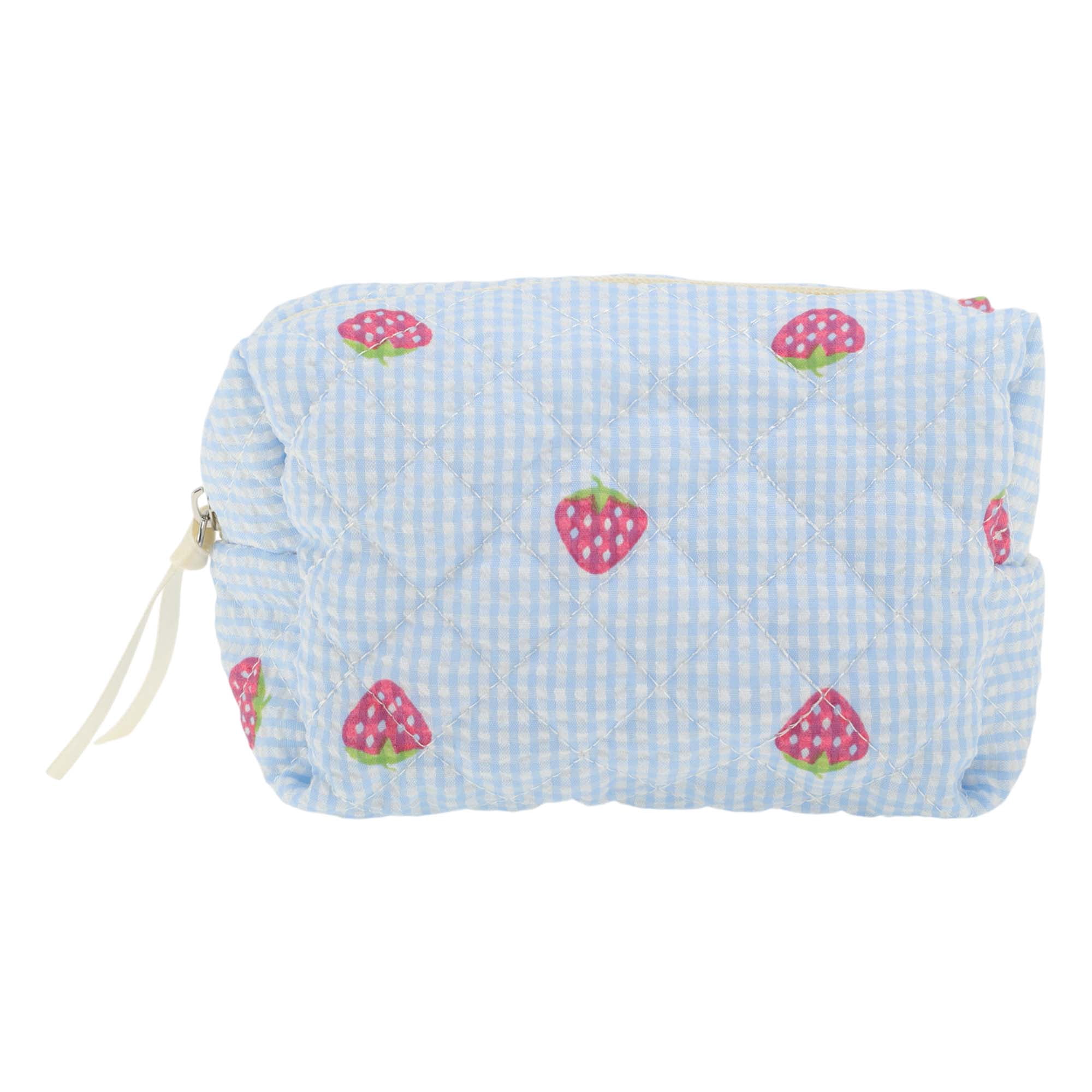 Unique Bargains 1 Pc Strawberry Makeup Bag Blue [Quilted Stripe Strawberry Square]