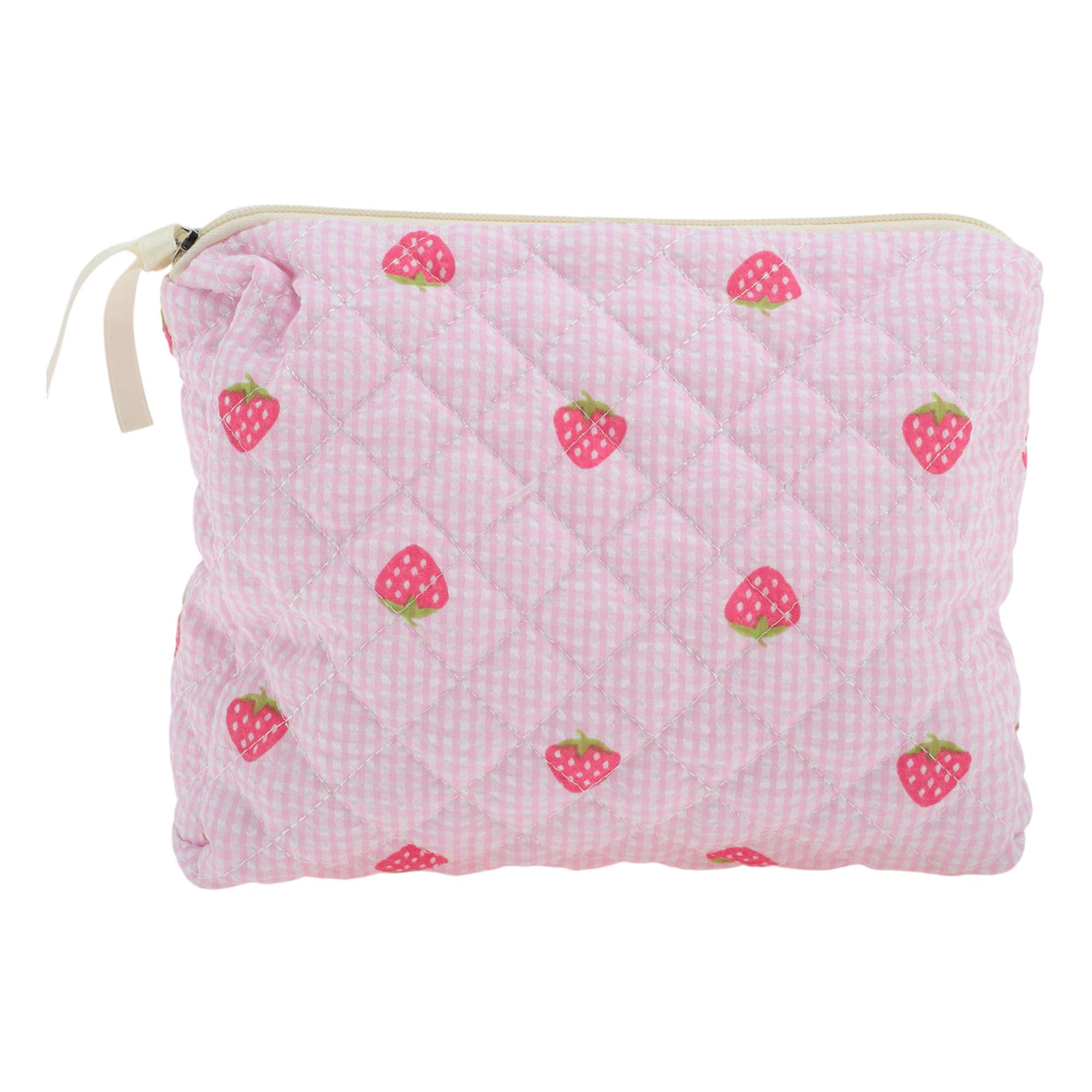 Unique Bargains 1 Pc Strawberry Makeup Bag Pink [Quilted Stripe Strawberry Square Medium]