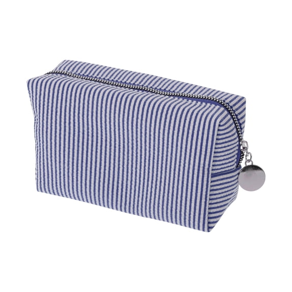 Unique Bargains 1 Pc Striped Pattern Makeup Bag for Travel Navy Blue Seersucker