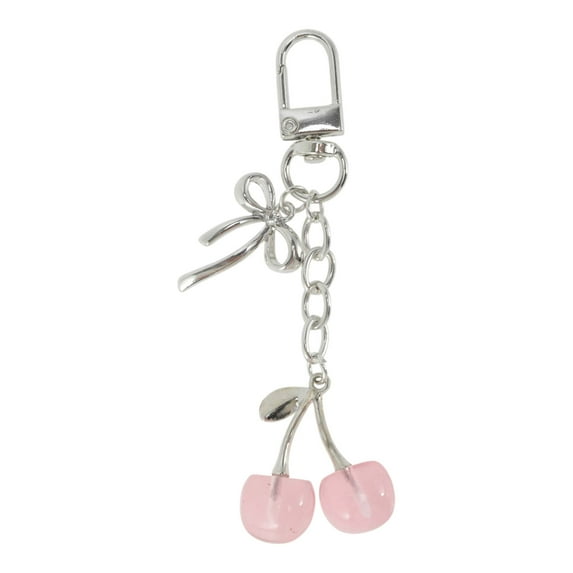 Unique Bargains 1 Pc Stylish Bow Cherry Handbag Charms Keychains Bag Accessories Silver Tone Clear Pink