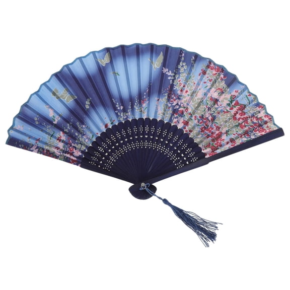 Unique Bargains 1 Pc Tapestry of Exquisite Floral Print Folding Fan for Dancing Party Blue Bamboo Silk