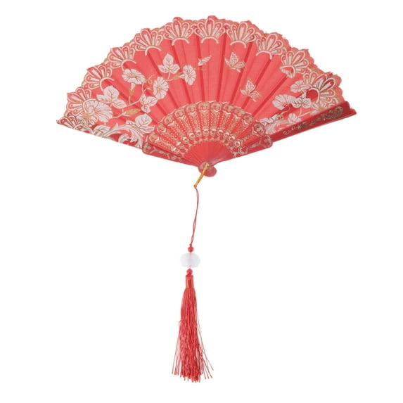 Unique Bargains 1 Pc Tassel Folding Fan for Masquerade Red Silk Fabric