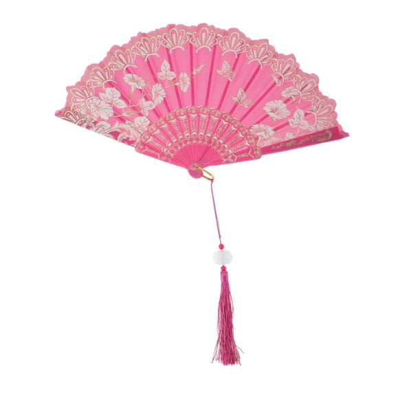 Unique Bargains 1 Pc Tassel Folding Fan for Masquerade Rose Red Silk Fabric