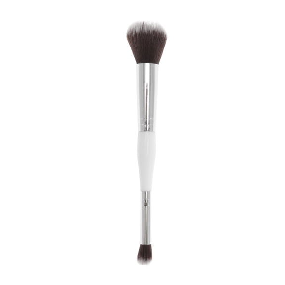Unique Bargains 1 Pc Two-in-one Dual Head Makeup Brush for Bathroom White Brown Plastic Handle Nylon Hair