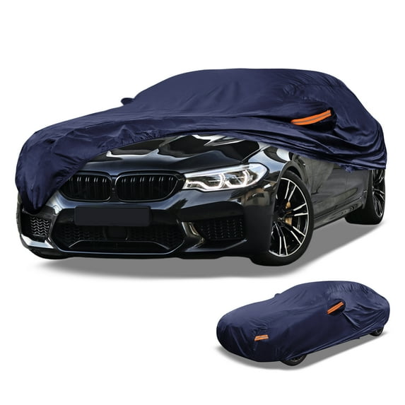 Unique Bargains 1 Pc Universal Car Cover Waterproof All Weather Automotive Outdoor Anti-UV Sun Rain Protection Full Exterior Cover Aluminum Film Cotton Navy Blue for Sedan Length 177" to 185"