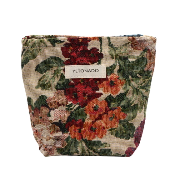 Unique Bargains 1 Pc Versatile Flower Handheld Makeup Bag for Vacation Small Beige Polyester
