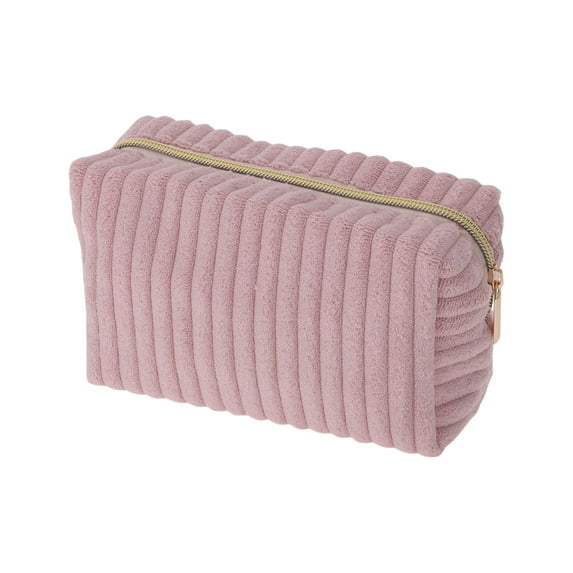 Unique Bargains 1 Pc Vertical Stripe Pattern Makeup Bag for Travel Pink Corduroy