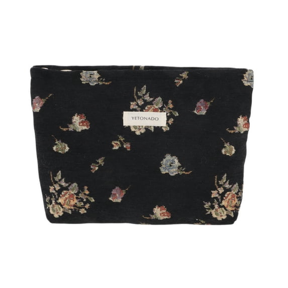 Unique Bargains 1 Pc Vintage Floral Makeup Bag Polyester Black Large