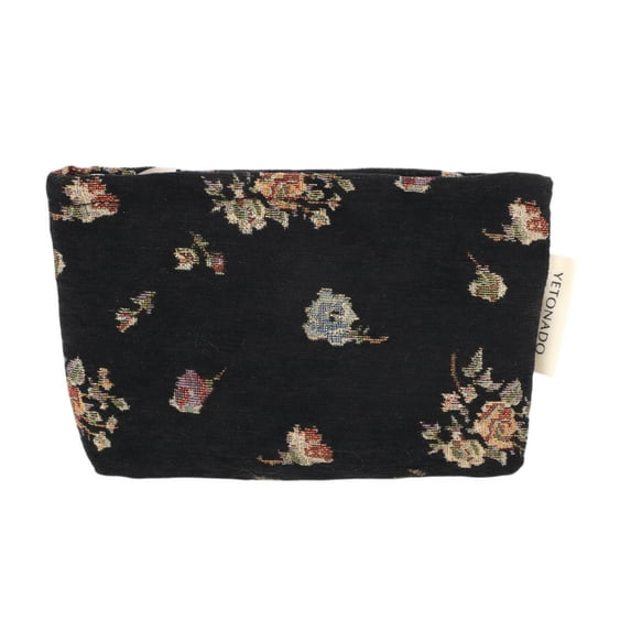 Unique Bargains 1 Pc Vintage Floral Makeup Bag Polyester Black Medium