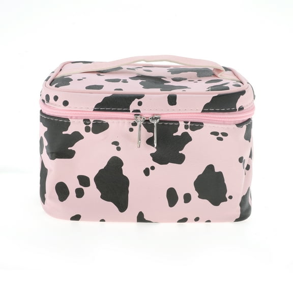 Unique Bargains 1 Pc Women Cow Pattern Square Makeup Bag for Travel Vacation Pink PU