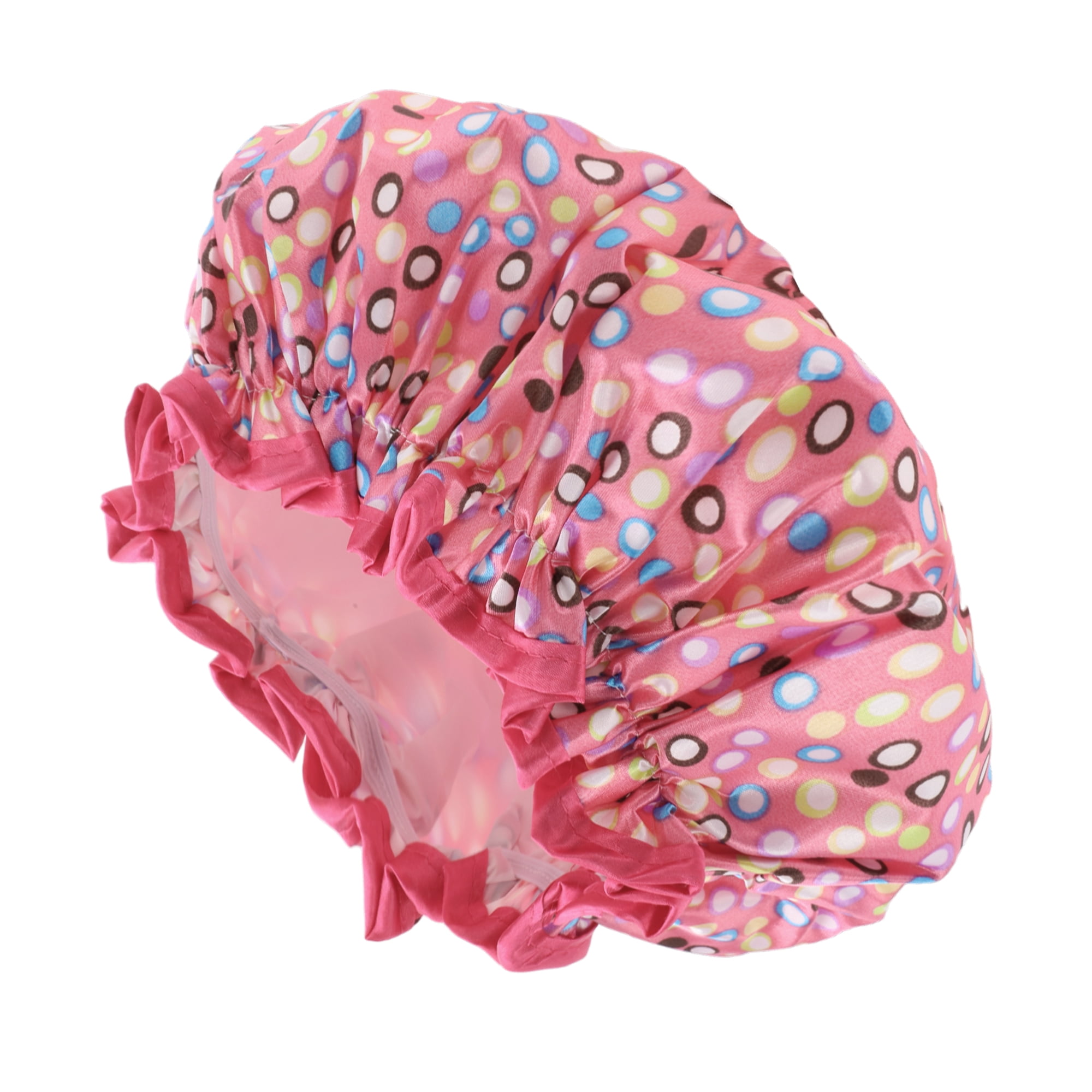 Unique Bargains 1 Pc Women Double Layer Colored Dots Shower Cap for Bathroom Rose Red