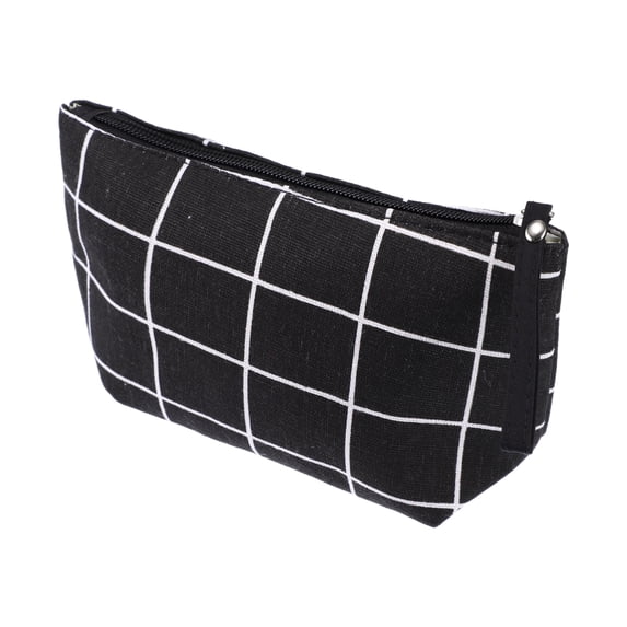 Unique Bargains 1 Pc Women Durable Lattice Small Cosmetic Bag for Travel Vacation Bathing Black Canvas
