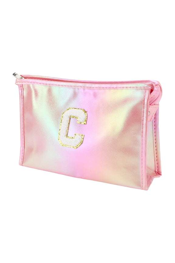 1 Pc Women Durable Letter C Makeup Bag for Vacation Outdoor Activities Pink PU
