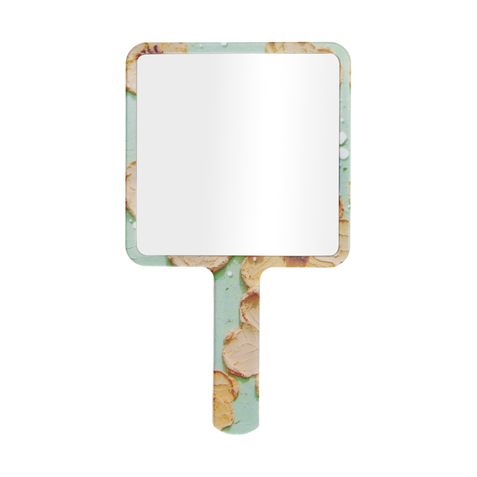 Unique Bargains 1 Pc Women Floral Square Handheld Mirror for Business Travel Green Yellow