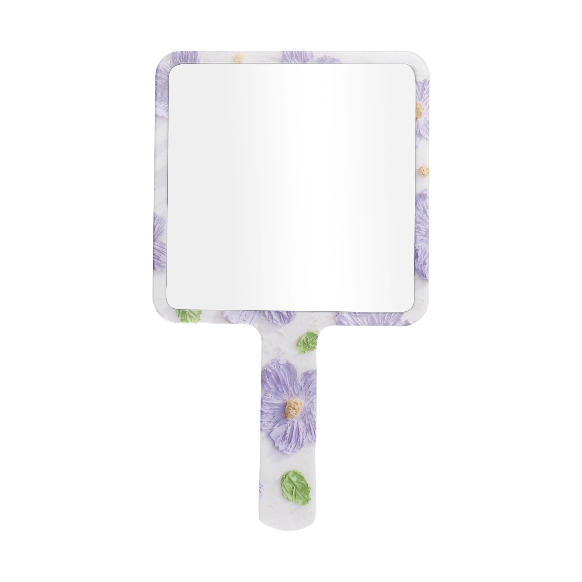 Unique Bargains 1 Pc Women Floral Square Handheld Mirror for Business Travel Purple White