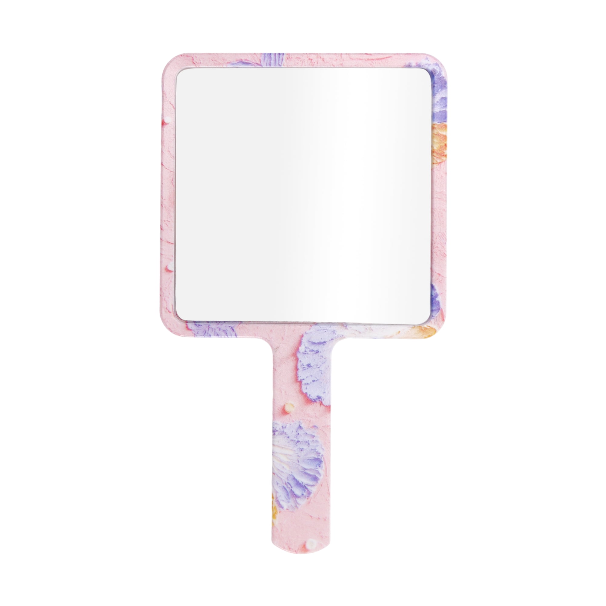 Unique Bargains 1 Pc Women Floral Square Handheld Mirror for Travel Pink Purple Yellow